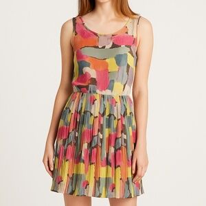 Black Rainn Dress Abstract Watercolor Pleated Boho Artsy Resort Summer Medium